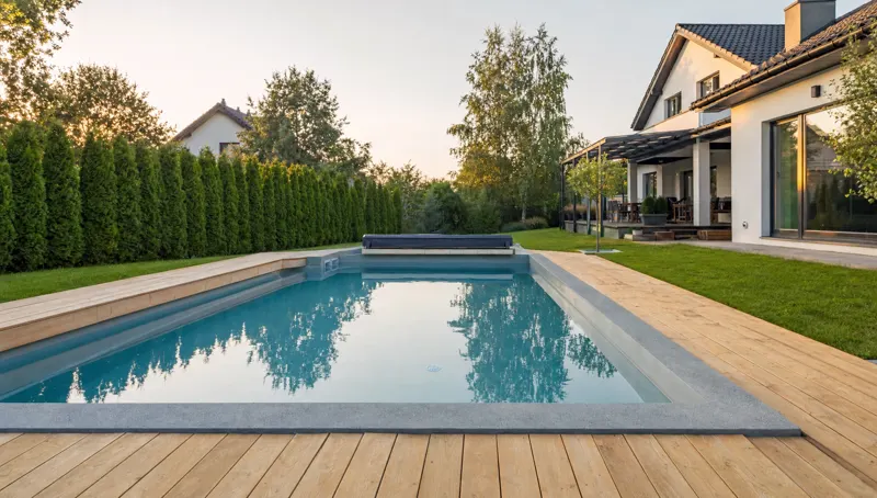 Outdoor pool with a wooden deck in a private garden