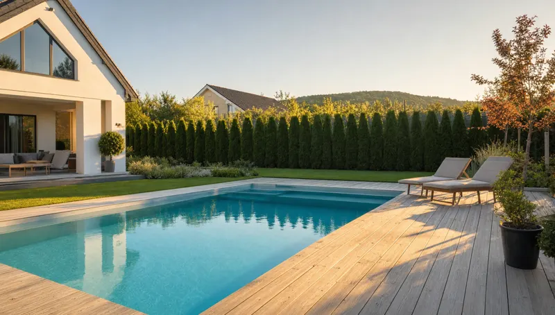 Garden pool with lawn and a hedge