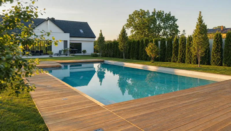 Modern pool beside a white-rendered house