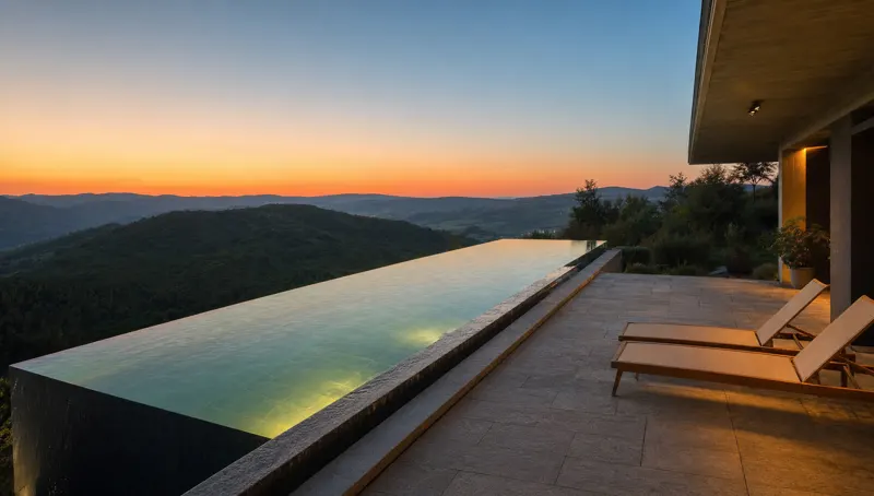 Narrow pool with underwater lighting at dusk