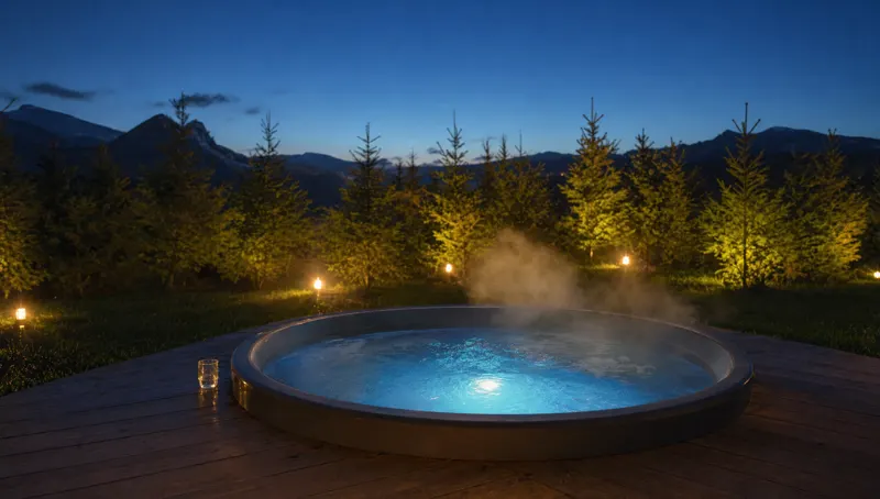 Outdoor hot tub on a wooden deck in the evening