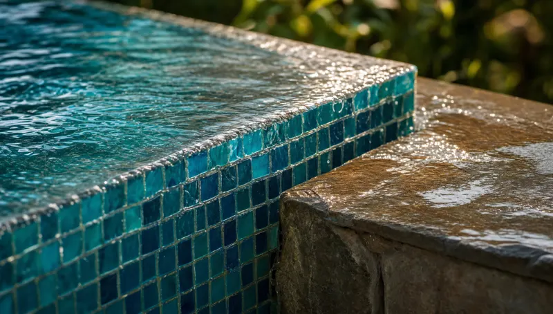 Close-up of the pool edge tiled with blue mosaic