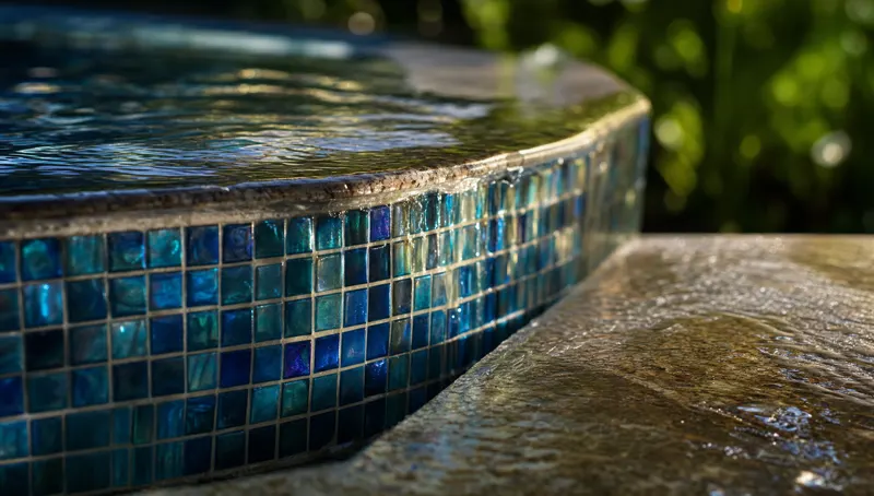 Close-up of clear water and the stone coping of a pool