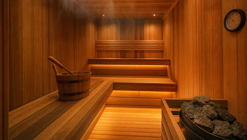 Inside a wooden sauna with a stone heater
